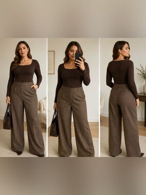 Larry Levine Woman Brown Herringbone Wide Leg Trouser Pants 16W